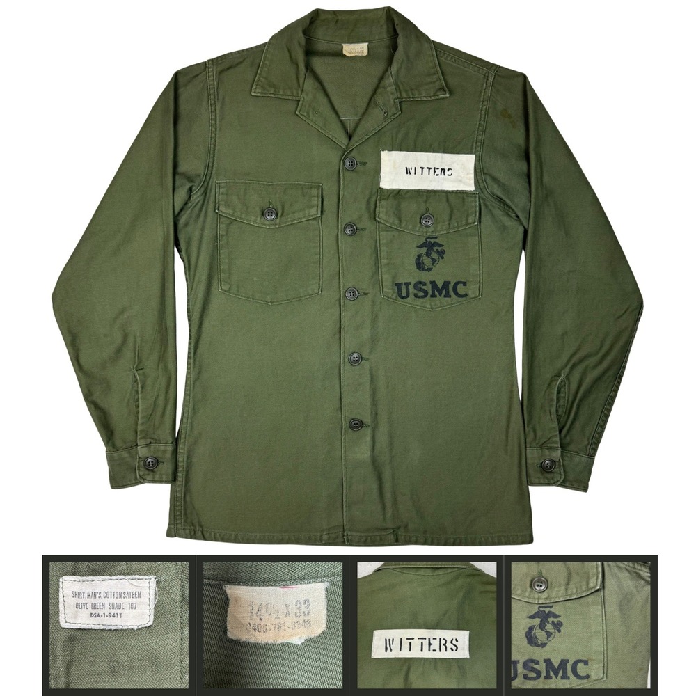 Vintage 60s USMC OG-107 DSA-1-9411 Cotton Sateen Shirt 14.5x33 Olive WITTERS